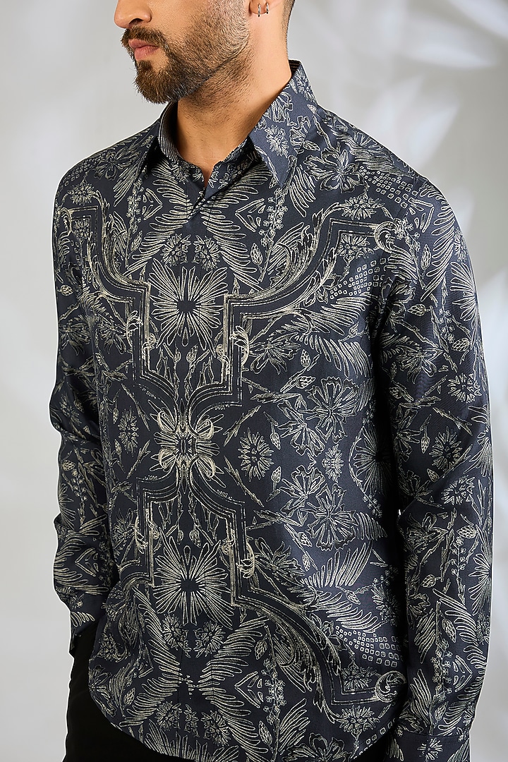 Navy Silk Wedding Shirt by Rohit Gandhi & Rahul Khanna Men at Pernia's Pop Up Shop