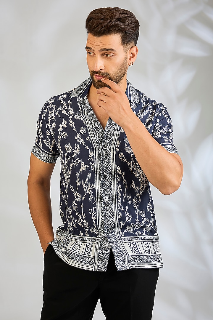 Blue Silk Wedding Shirt by Rohit Gandhi & Rahul Khanna Men at Pernia's Pop Up Shop