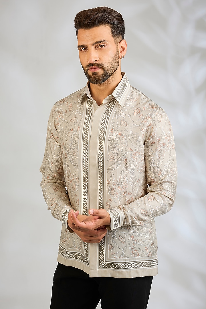 Ecru Silk Wedding Shirt by Rohit Gandhi & Rahul Khanna Men at Pernia's Pop Up Shop