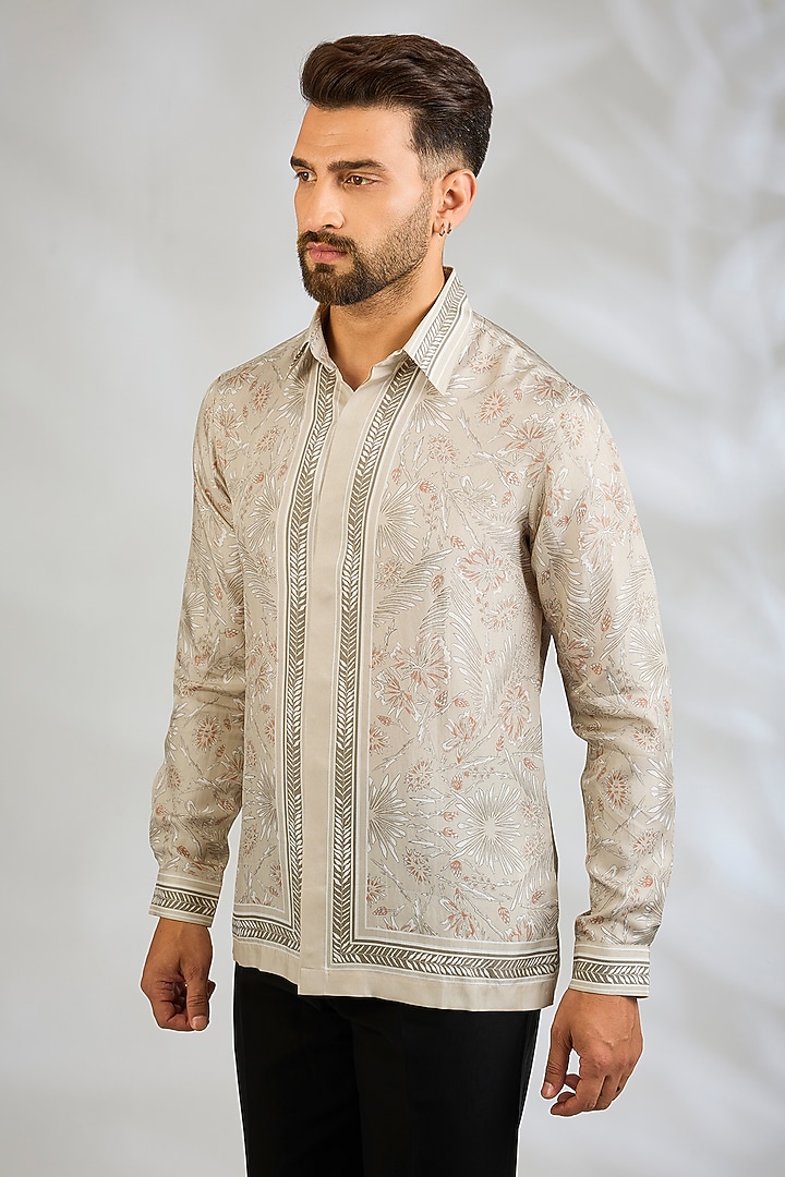 Ecru Silk Wedding Shirt by Rohit Gandhi & Rahul Khanna Men at Pernia's Pop Up Shop