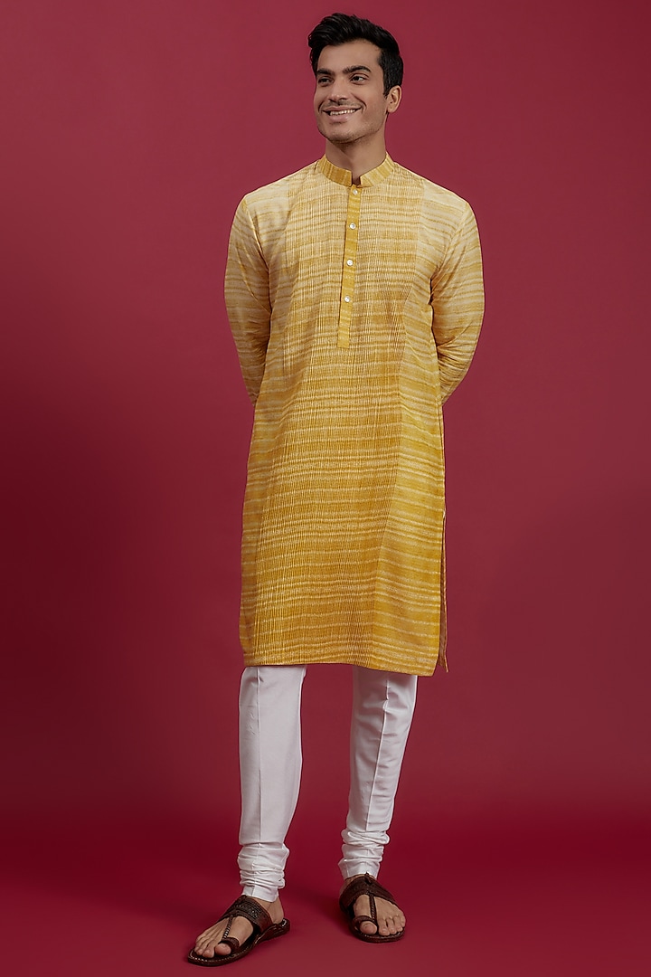 Yellow Cotton Printed & Embroidered Kurta Set by Rohit Gandhi & Rahul Khanna Men