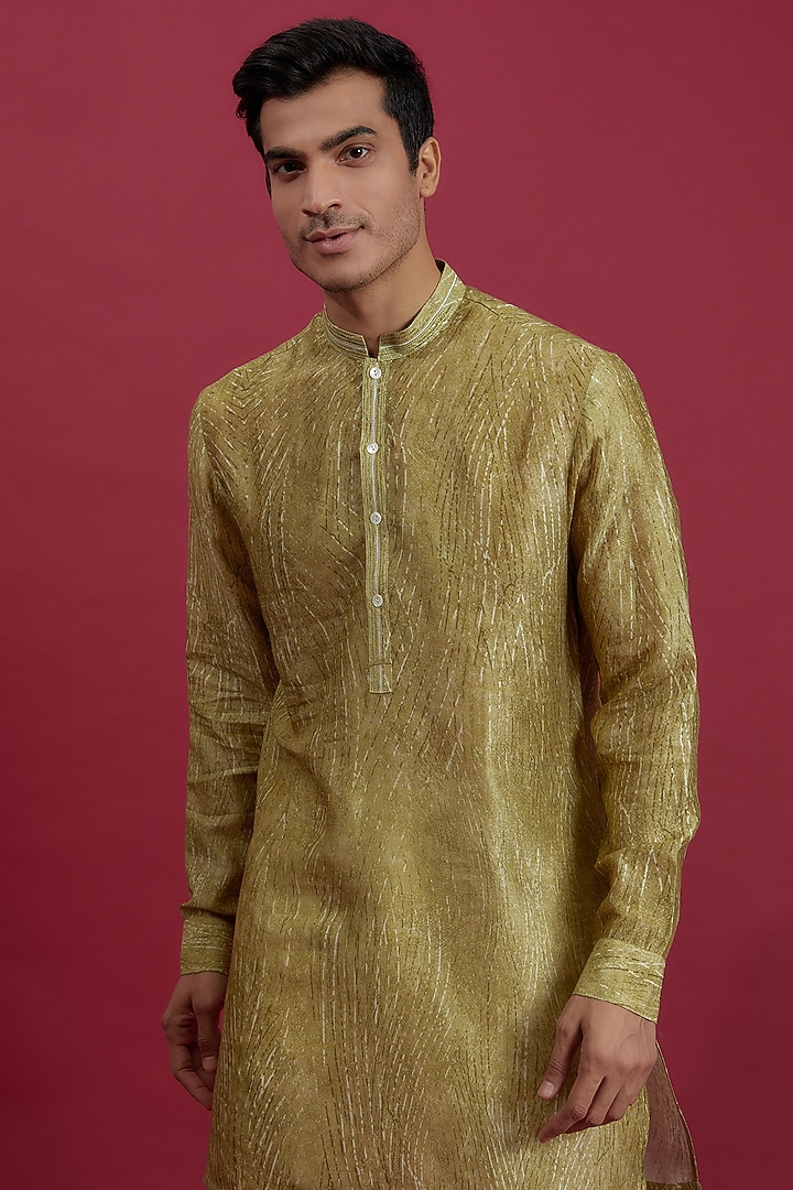 Marine Green Dupion Printed Kurta Set by Rohit Gandhi & Rahul Khanna Men at Pernia's Pop Up Shop