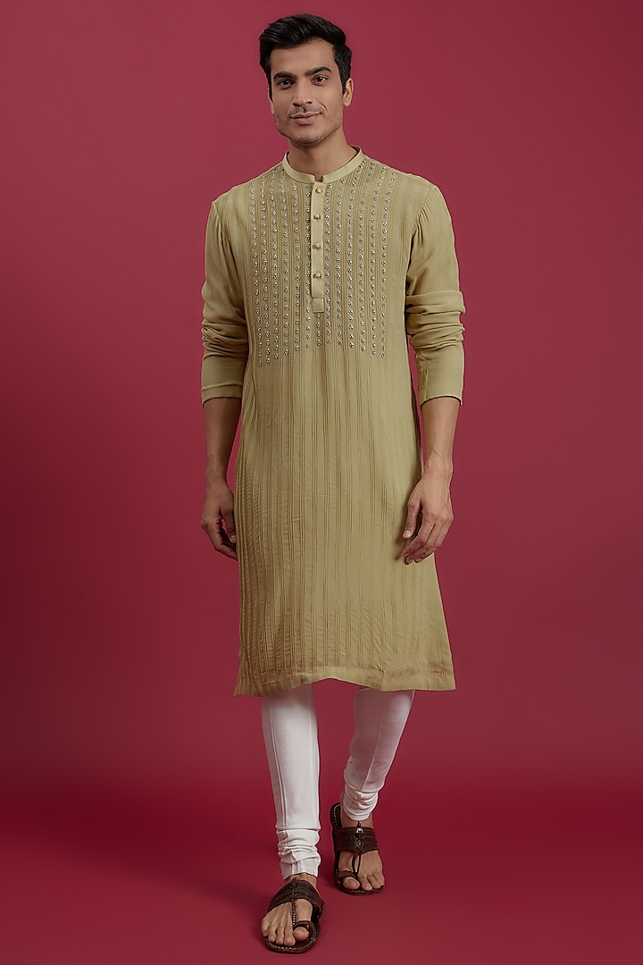 Green Georgette Hand Embroidered Kurta Set by Rohit Gandhi & Rahul Khanna Men