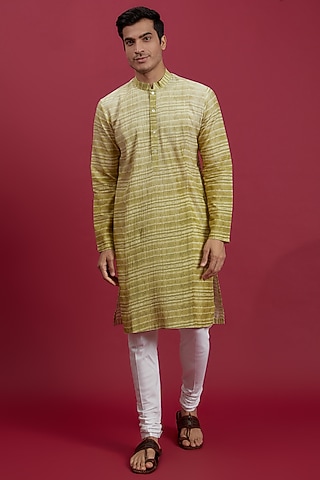 Green Cotton Printed & Embroidered Kurta Set by Rohit Gandhi & Rahul Khanna Men