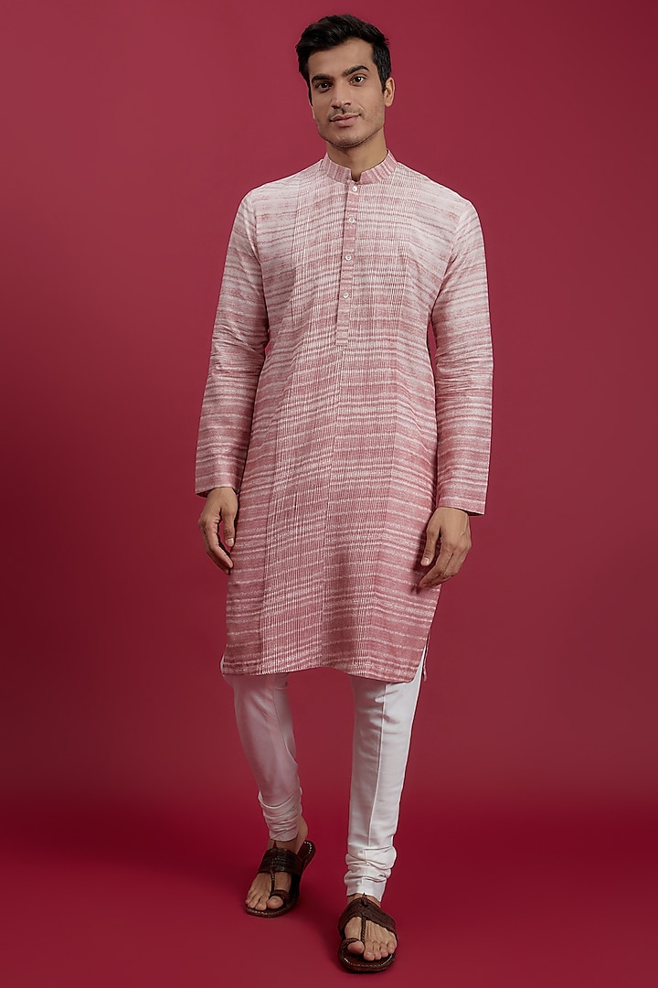 Pink Cotton Printed & Embroidered Kurta Set by Rohit Gandhi & Rahul Khanna Men