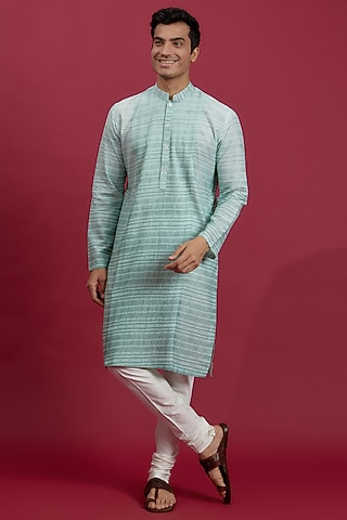 Marine Blue Cotton Printed & Embroidered Kurta Set by Rohit Gandhi & Rahul Khanna Men