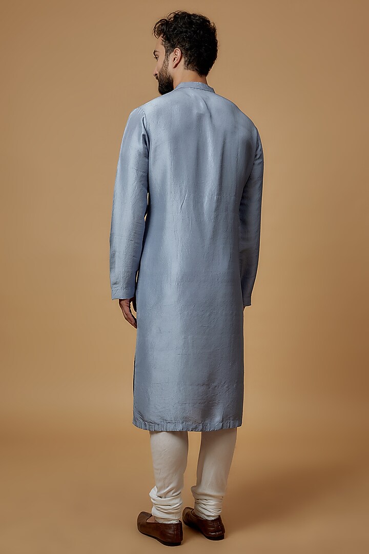 Blue Silk Embroidered Kurta Set by Rohit Gandhi & Rahul Khanna Men at Pernia's Pop Up Shop