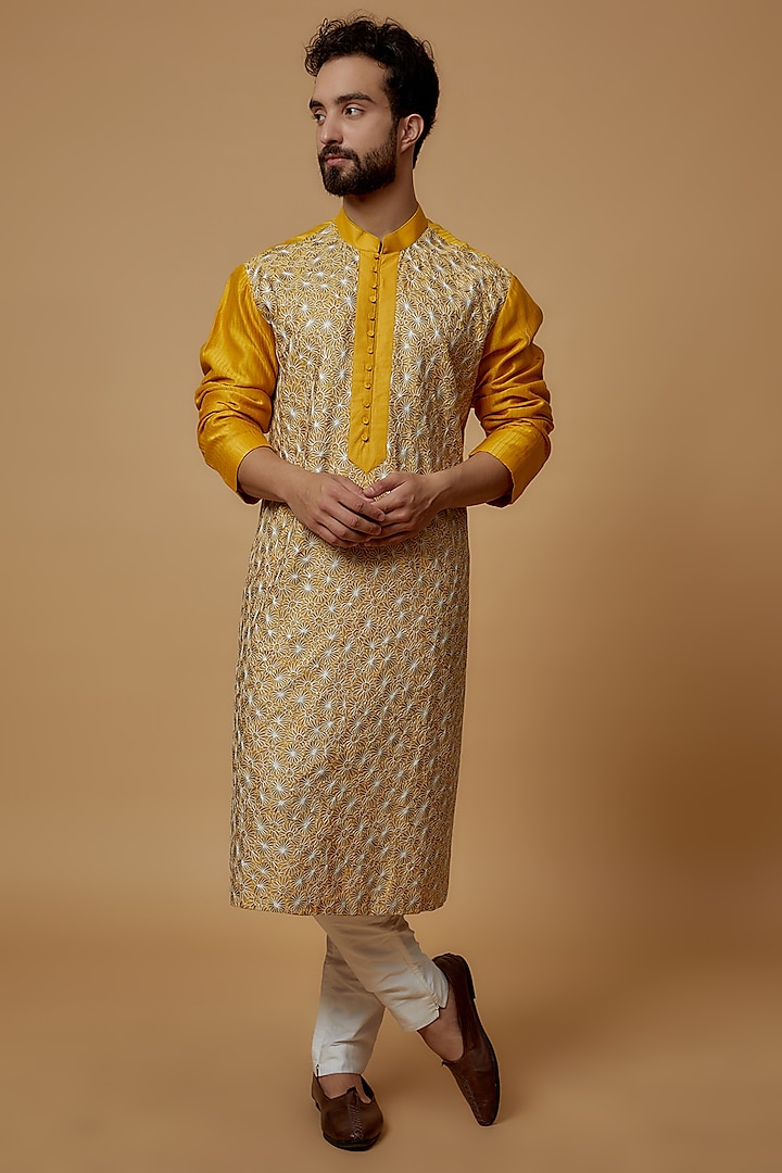 Yellow Cotton Silk Embroidered Kurta by Rohit Gandhi & Rahul Khanna Men