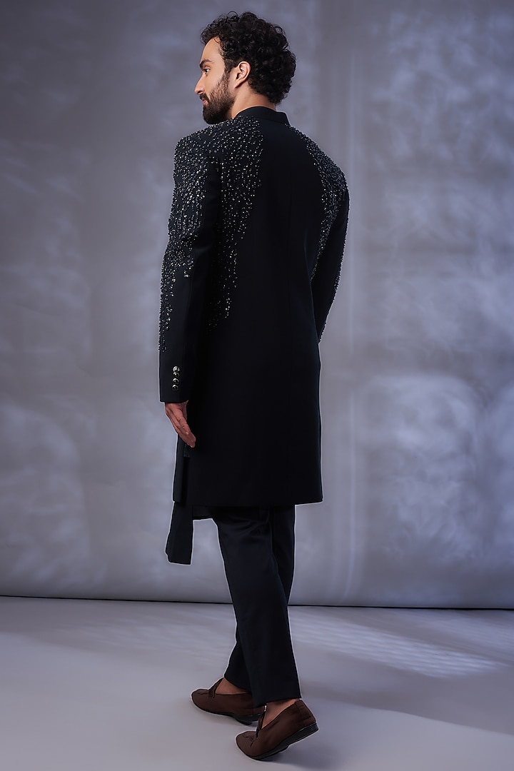 Navy Crepe Metallic Embroidered Structured Handcrafted Groom Sherwani Set by Rohit Gandhi & Rahul Khanna Men at Pernia's Pop Up Shop