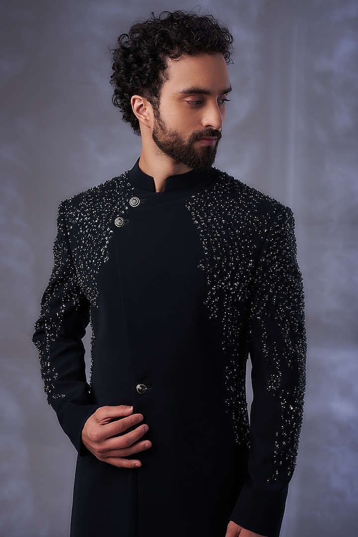 Navy Crepe Metallic Embroidered Structured Handcrafted Groom Sherwani Set by Rohit Gandhi & Rahul Khanna Men at Pernia's Pop Up Shop