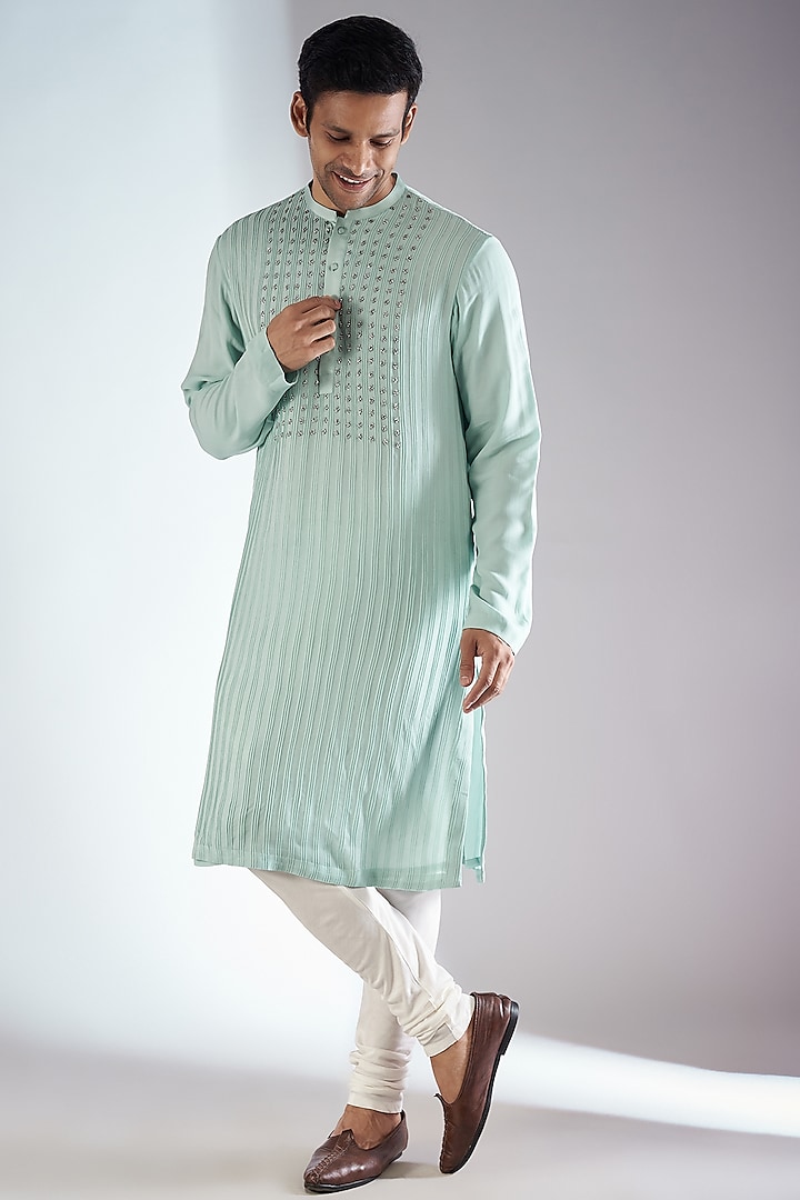 Leaf Green Georgette Embroidered Kurta by Rohit Gandhi & Rahul Khanna Men