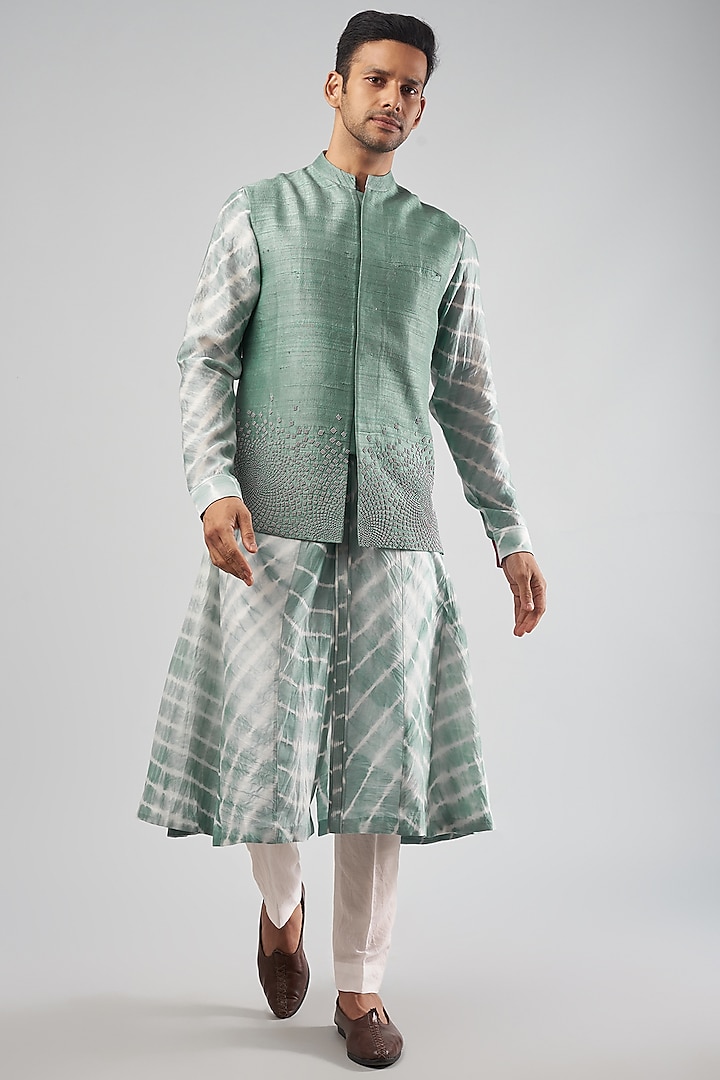 Mint Green Cotton Silk Embroidered Bundi Set by Rohit Gandhi & Rahul Khanna Men