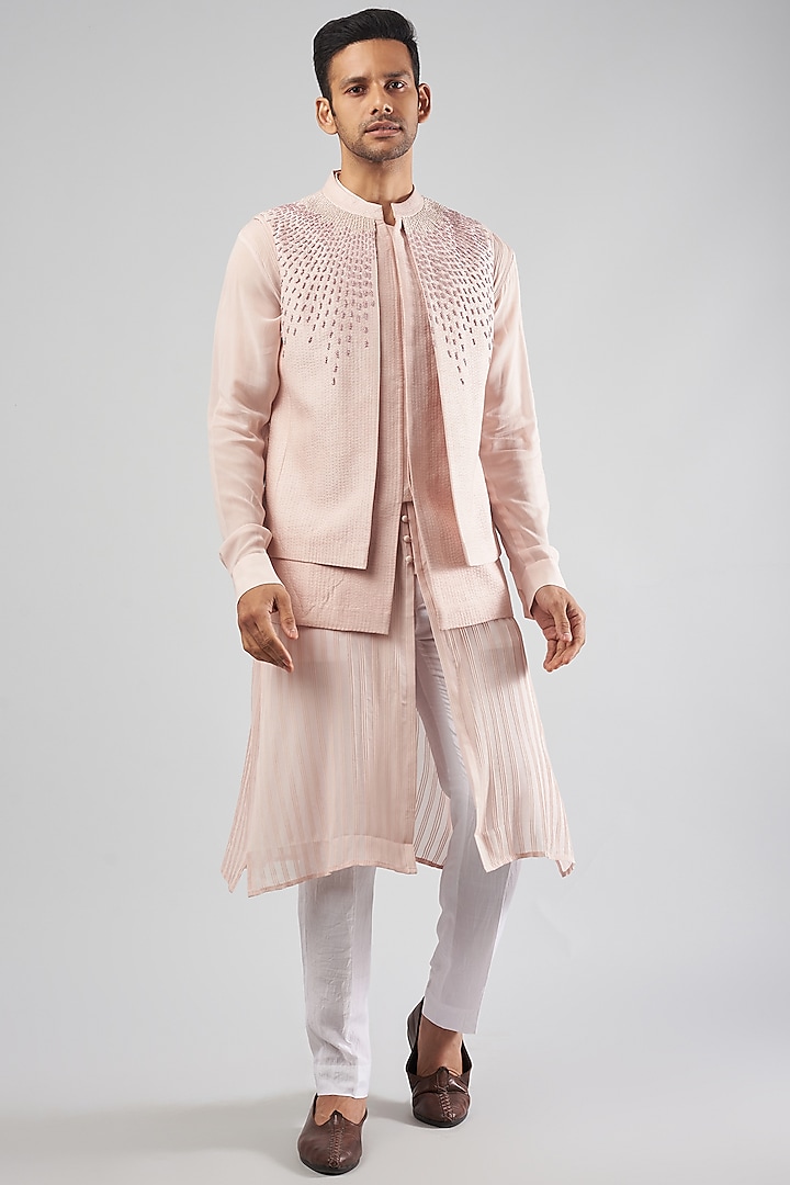 Blush Pink Viscose Dupion Embroidered Indowestern Jacket Set by Rohit Gandhi & Rahul Khanna Men
