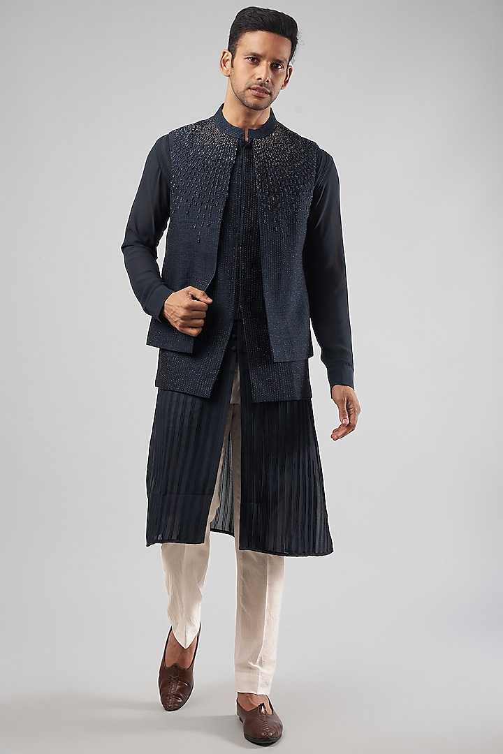 Navy Blue Viscose Dupion Embroidered Indowestern Jacket Set by Rohit Gandhi & Rahul Khanna Men