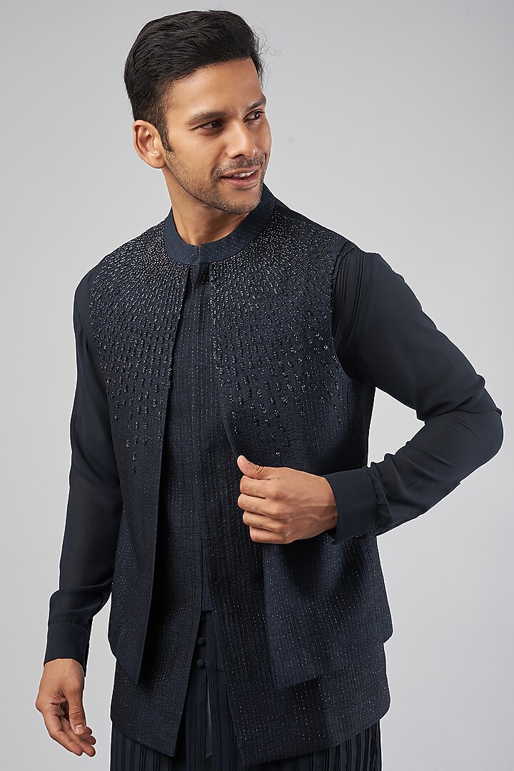 Navy Blue Viscose Dupion Embroidered Groom Indowestern Jacket Set by Rohit Gandhi & Rahul Khanna Men at Pernia's Pop Up Shop