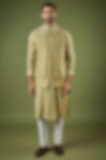 Leaf Green Viscose Dupion Embroidered Indowestern Set by Rohit Gandhi & Rahul Khanna Men at Pernia's Pop Up Shop