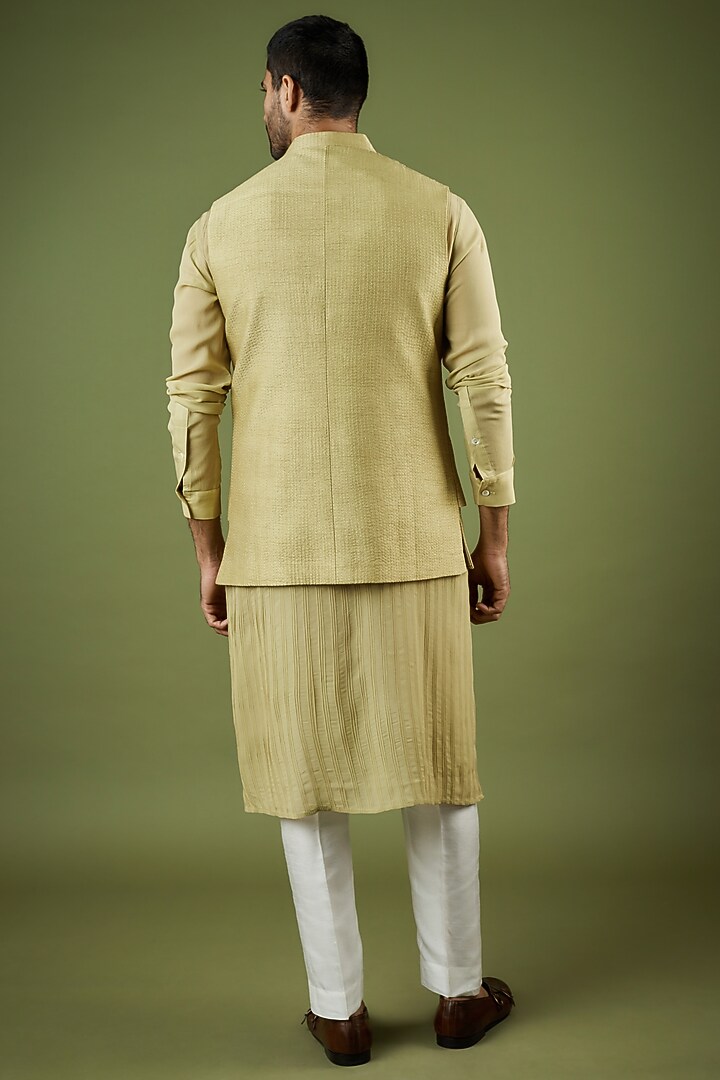 Leaf Green Viscose Dupion Embroidered Groom Indowestern Set by Rohit Gandhi & Rahul Khanna Men at Pernia's Pop Up Shop