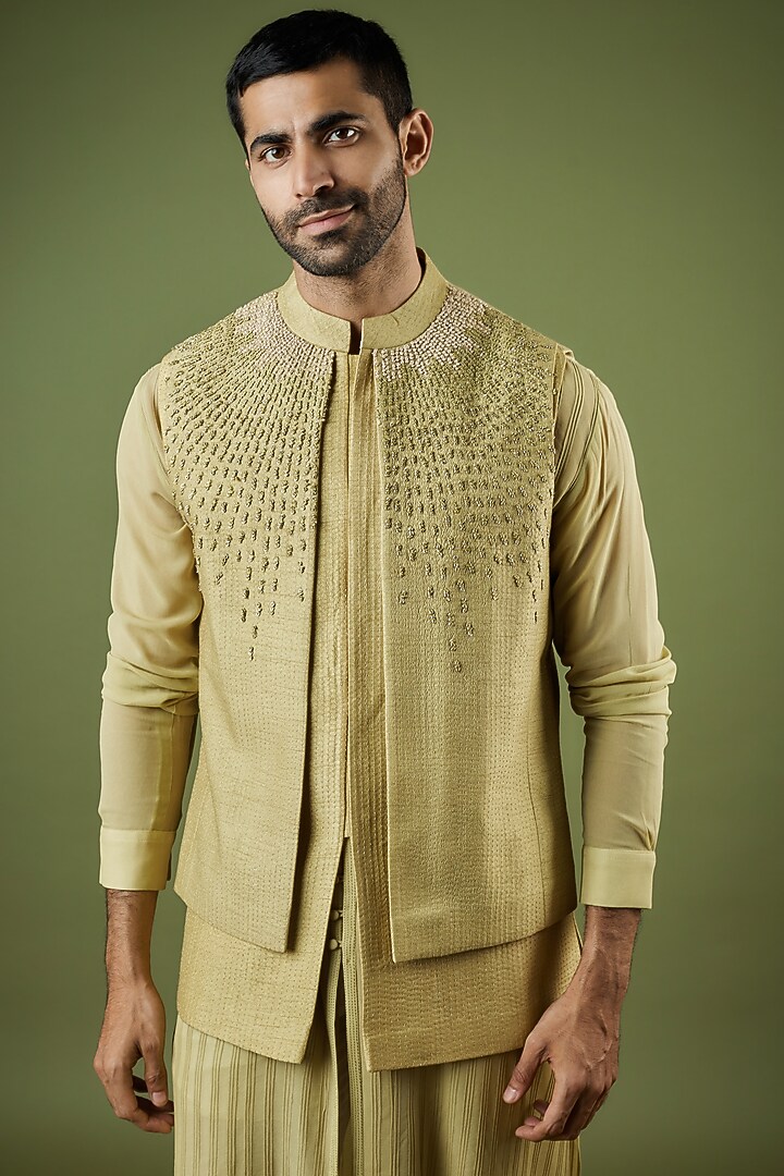 Leaf Green Viscose Dupion Embroidered Groom Indowestern Set by Rohit Gandhi & Rahul Khanna Men at Pernia's Pop Up Shop