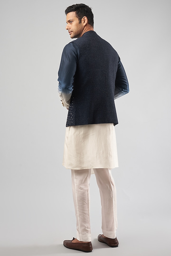 Navy Blue Dupion Embroidered Nehru Jacket Set by Rohit Gandhi & Rahul Khanna Men at Pernia's Pop Up Shop