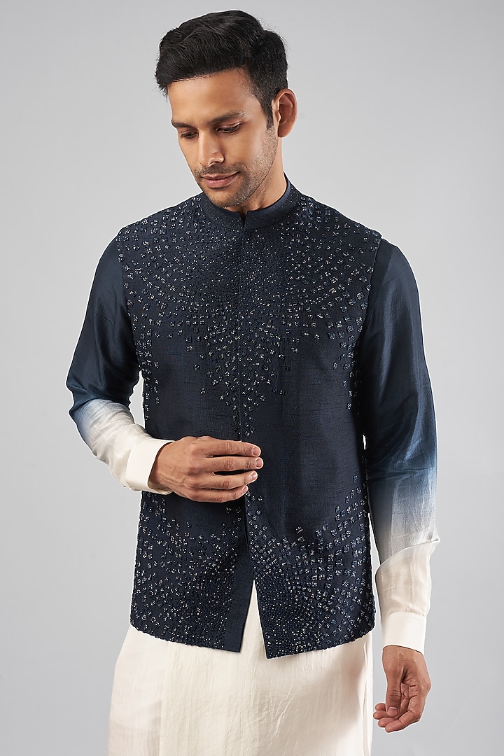 Navy Blue Dupion Embroidered Nehru Jacket Set by Rohit Gandhi & Rahul Khanna Men at Pernia's Pop Up Shop