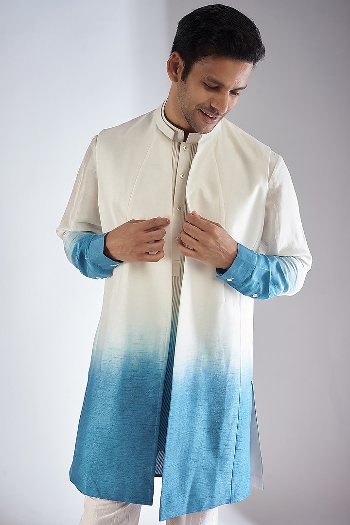 Blue Ombre Viscose Dupion Indo-Western Set by Rohit Gandhi & Rahul Khanna Men at Pernia's Pop Up Shop