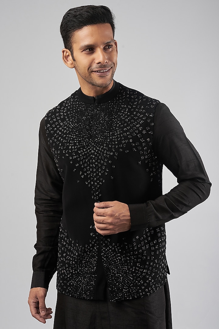 Black Silk Embroidered Nehru Jacket Set by Rohit Gandhi & Rahul Khanna Men at Pernia's Pop Up Shop