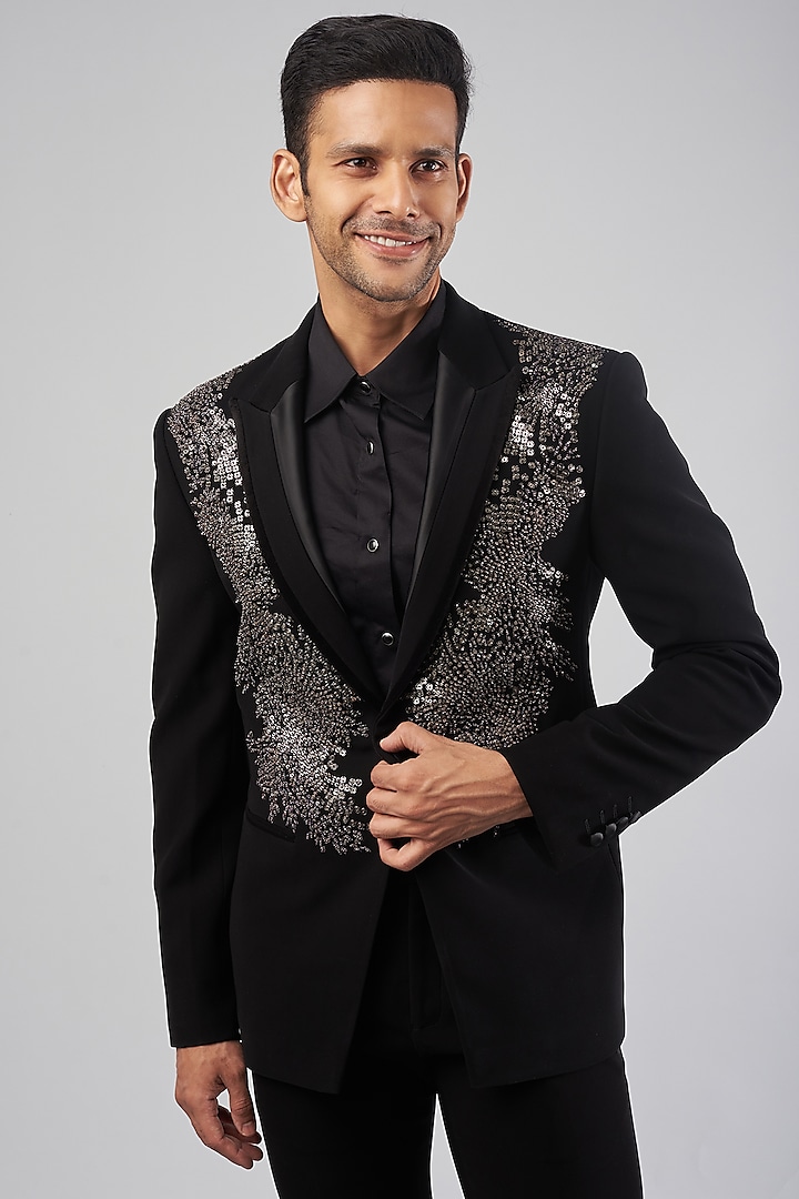 Buy Rohit Gandhi & Rahul Khanna Men Black Crepe Embroidered Tuxedo ...