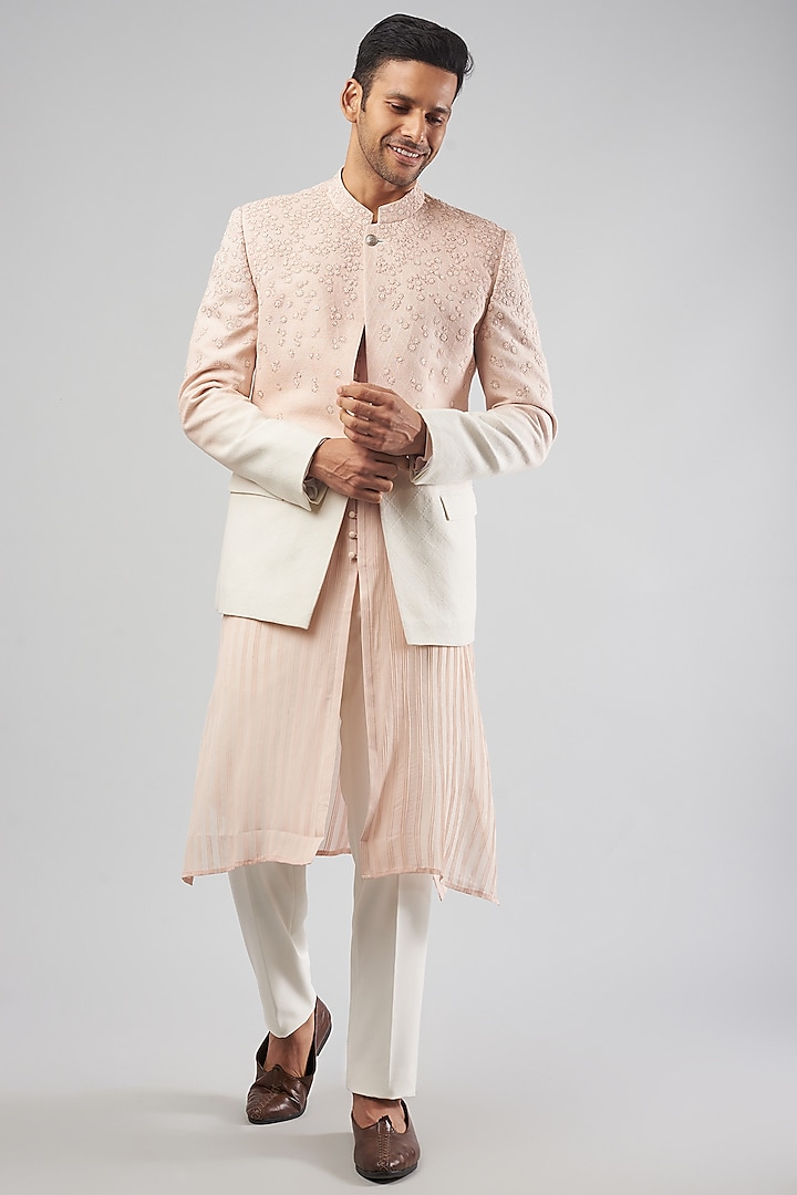 Blush Pink Ombre Viscose Dupion Embroidered Indowestern Jacket Set by Rohit Gandhi & Rahul Khanna Men