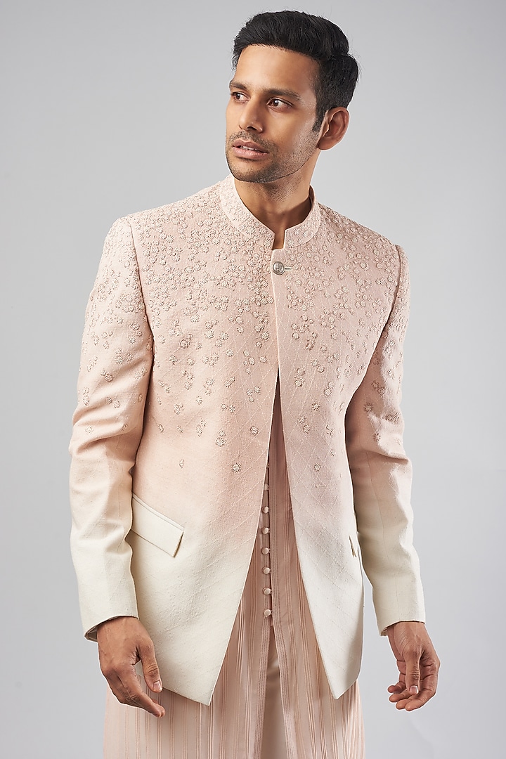 Blush Pink Ombre Viscose Dupion Embroidered Groom Indowestern Jacket Set by Rohit Gandhi & Rahul Khanna Men at Pernia's Pop Up Shop