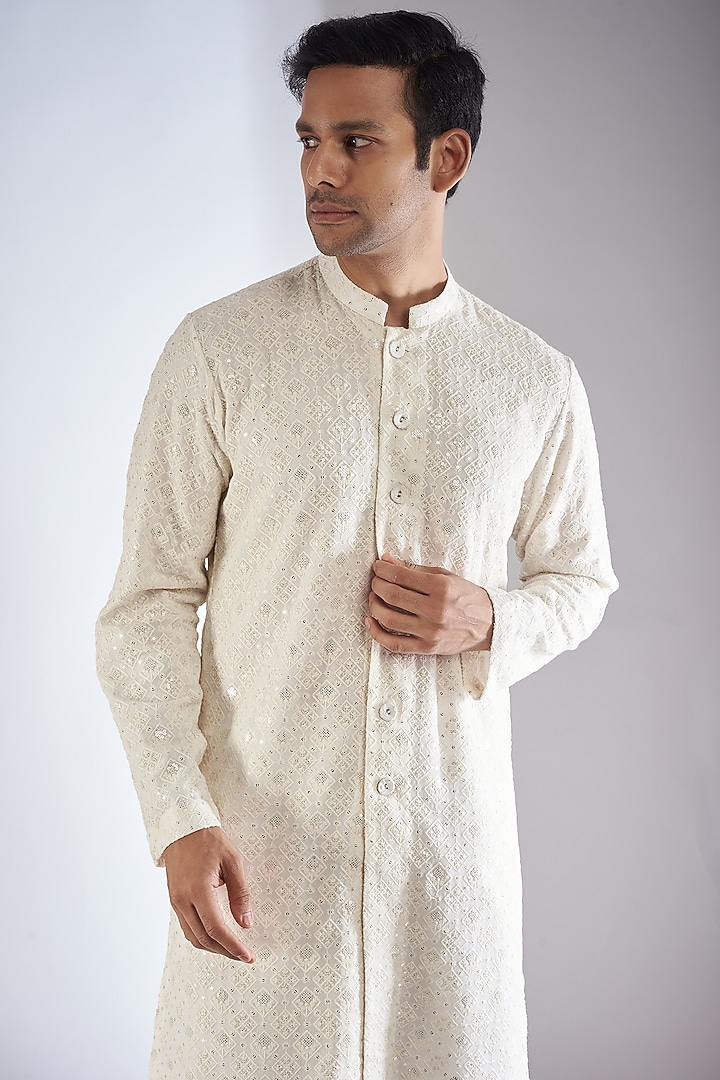 Ivory Chikankari Wedding Sherwani by Rohit Gandhi & Rahul Khanna Men at Pernia's Pop Up Shop