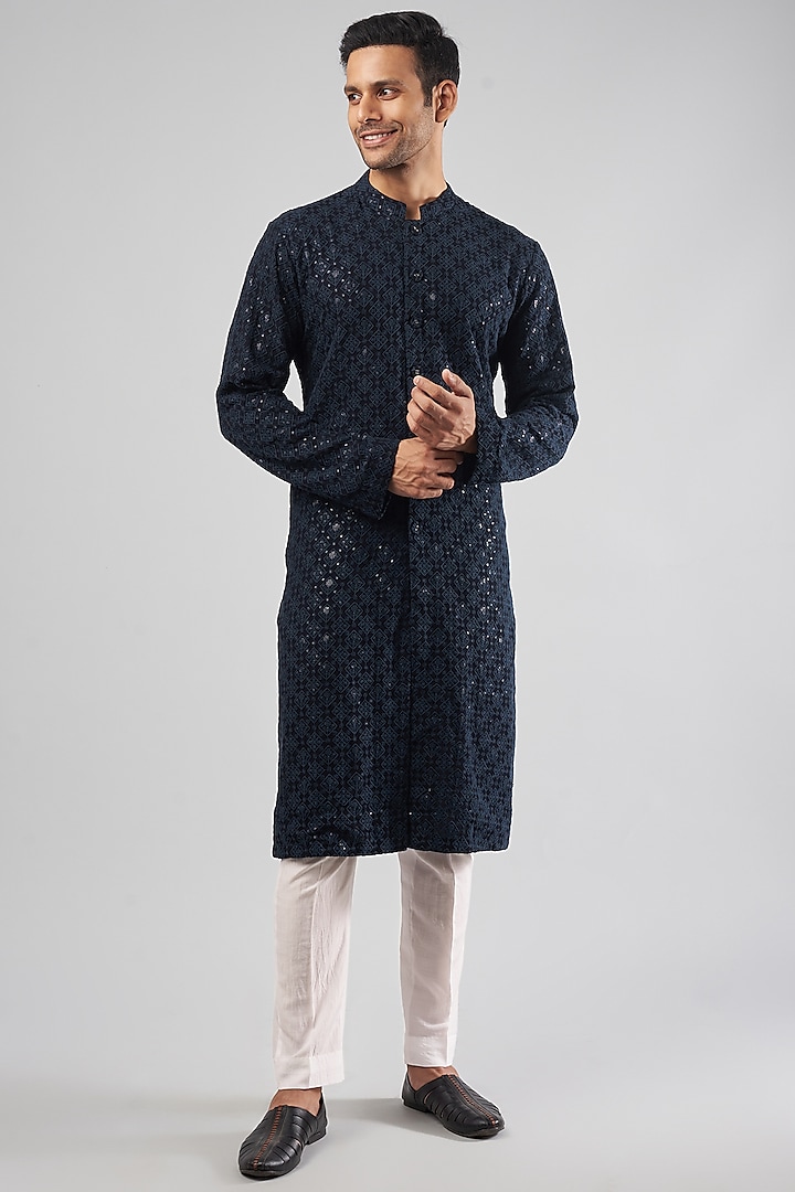 Navy Blue Viscose Georgette Embroidered Kurta Set by Rohit Gandhi & Rahul Khanna Men