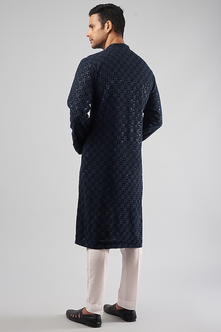 Navy Blue Viscose Georgette Embroidered Kurta Set by Rohit Gandhi & Rahul Khanna Men at Pernia's Pop Up Shop