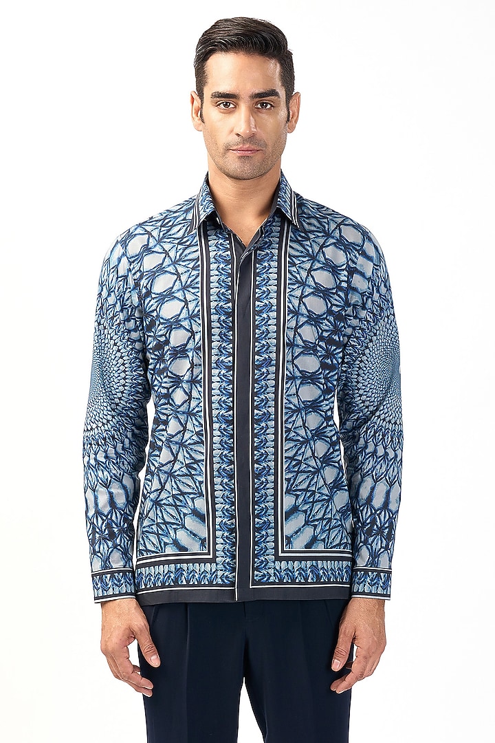 Blue Linen Printed & Artwork Wedding Shirt by Rohit Gandhi & Rahul Khanna Men at Pernia's Pop Up Shop