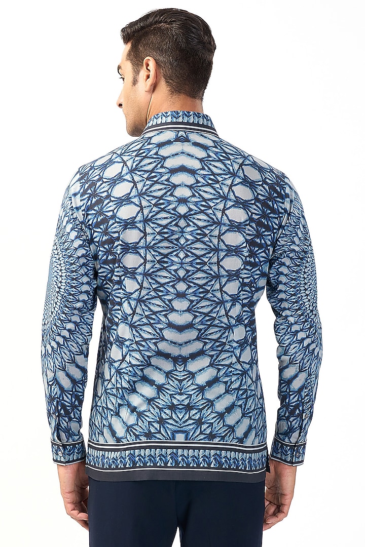 Blue Linen Printed & Artwork Wedding Shirt by Rohit Gandhi & Rahul Khanna Men at Pernia's Pop Up Shop