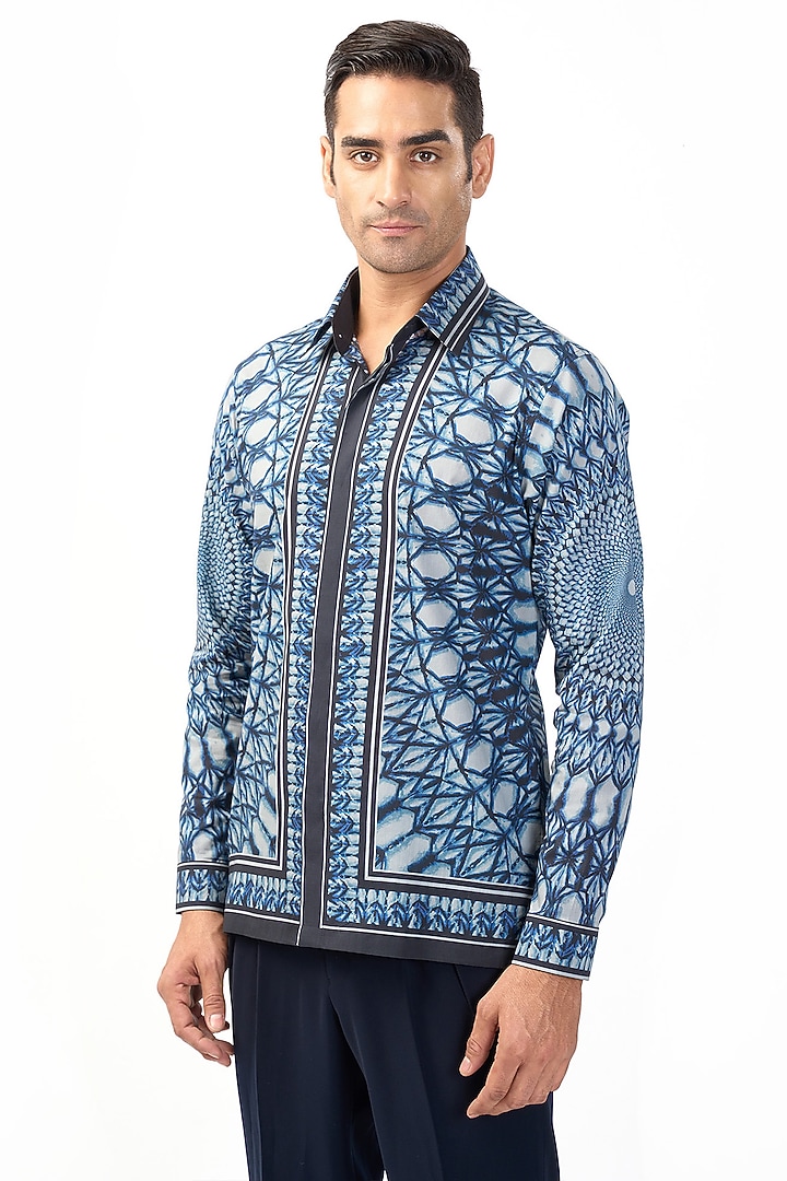 Blue Linen Printed & Artwork Wedding Shirt by Rohit Gandhi & Rahul Khanna Men at Pernia's Pop Up Shop