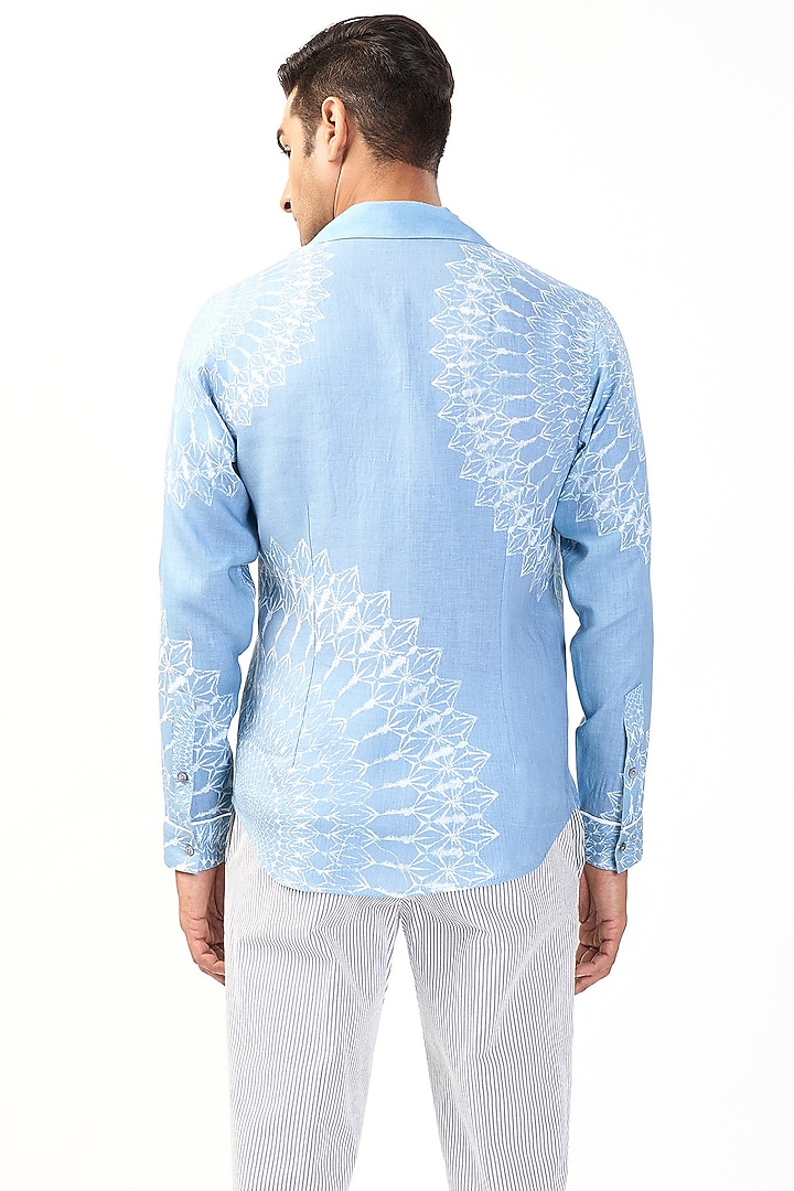 Ice Blue Linen Placement Printed Wedding Shirt by Rohit Gandhi & Rahul Khanna Men at Pernia's Pop Up Shop