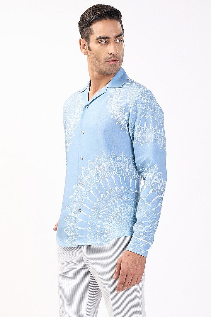 Ice Blue Linen Placement Printed Wedding Shirt by Rohit Gandhi & Rahul Khanna Men at Pernia's Pop Up Shop