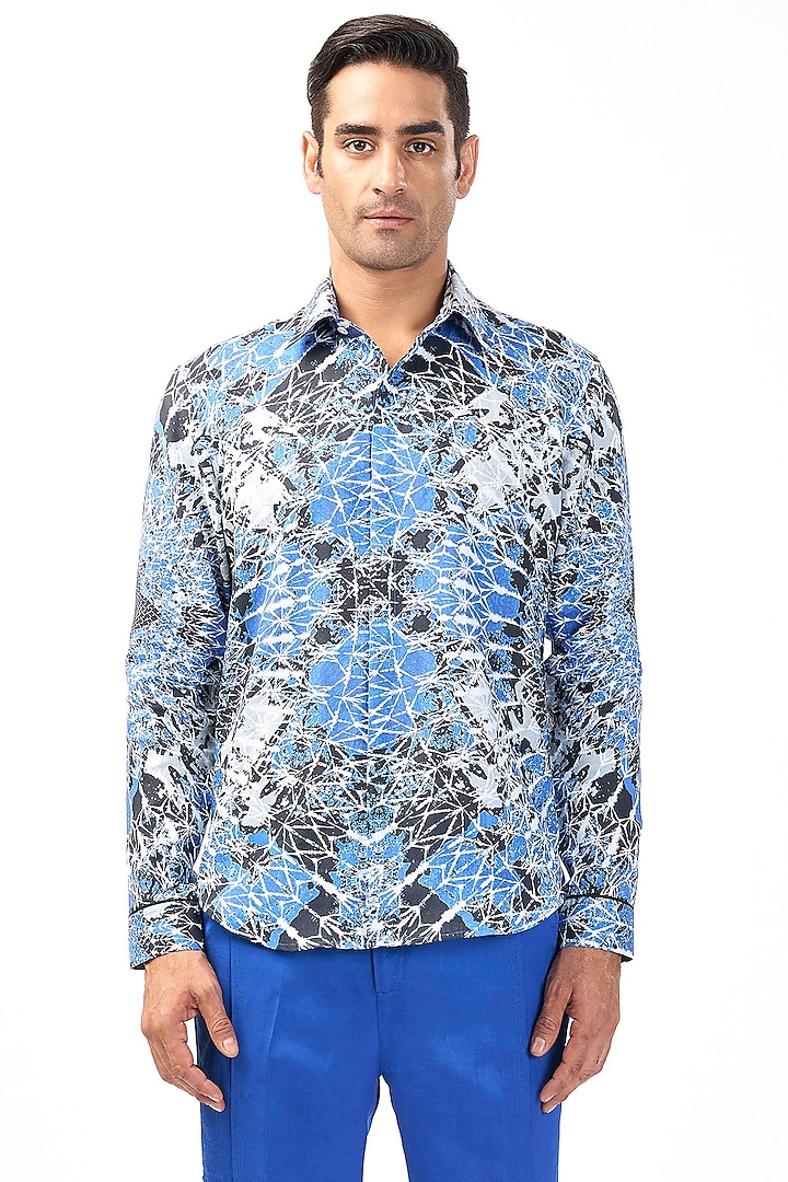 Electric Blue Linen Geometric Printed Shirt by Rohit Gandhi & Rahul Khanna Men