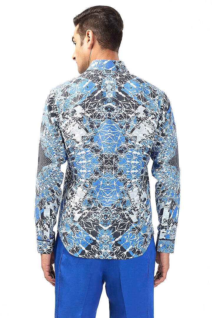 Electric Blue Linen Geometric Printed Wedding Shirt by Rohit Gandhi & Rahul Khanna Men at Pernia's Pop Up Shop