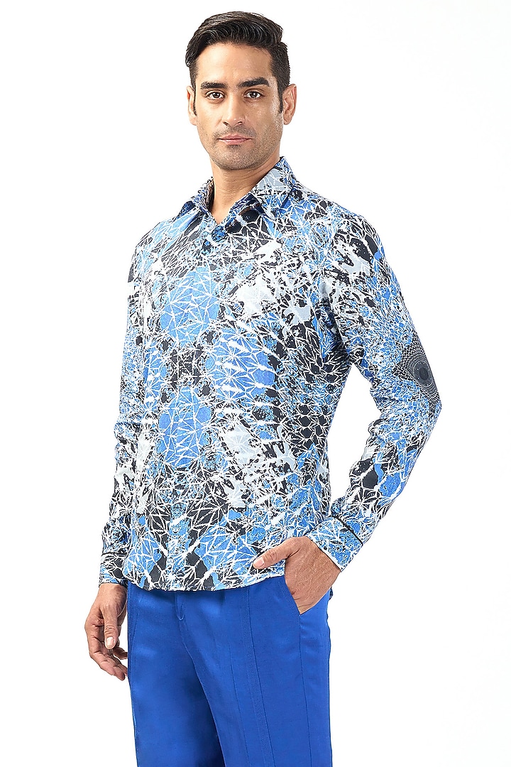 Electric Blue Linen Geometric Printed Wedding Shirt by Rohit Gandhi & Rahul Khanna Men at Pernia's Pop Up Shop