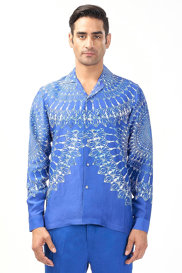 Electric Blue Linen Placement Printed Wedding Shirt by Rohit Gandhi & Rahul Khanna Men at Pernia's Pop Up Shop