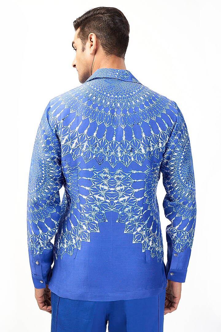 Electric Blue Linen Placement Printed Wedding Shirt by Rohit Gandhi & Rahul Khanna Men at Pernia's Pop Up Shop