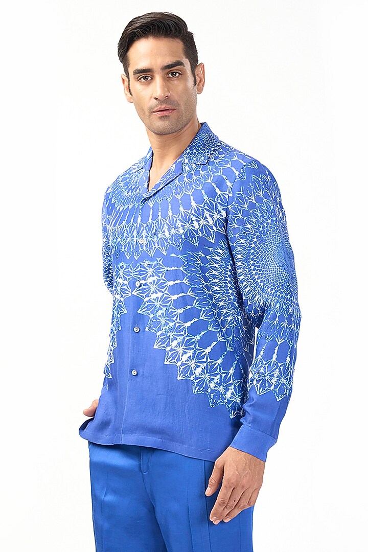 Electric Blue Linen Placement Printed Wedding Shirt by Rohit Gandhi & Rahul Khanna Men at Pernia's Pop Up Shop