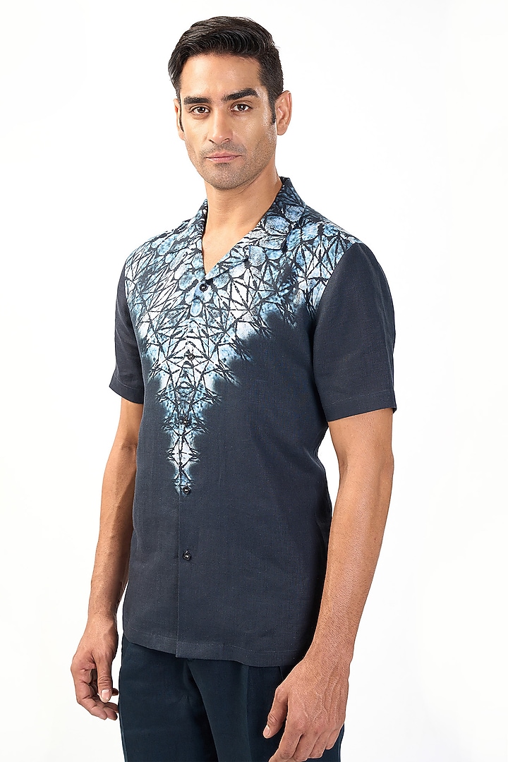 Navy Blue Linen Placement Printed Wedding Shirt by Rohit Gandhi & Rahul Khanna Men at Pernia's Pop Up Shop