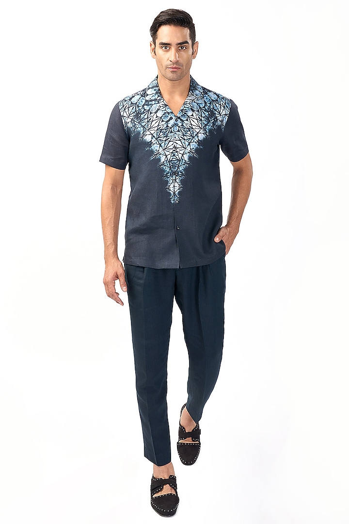 Navy Blue Linen Placement Printed Wedding Shirt by Rohit Gandhi & Rahul Khanna Men at Pernia's Pop Up Shop