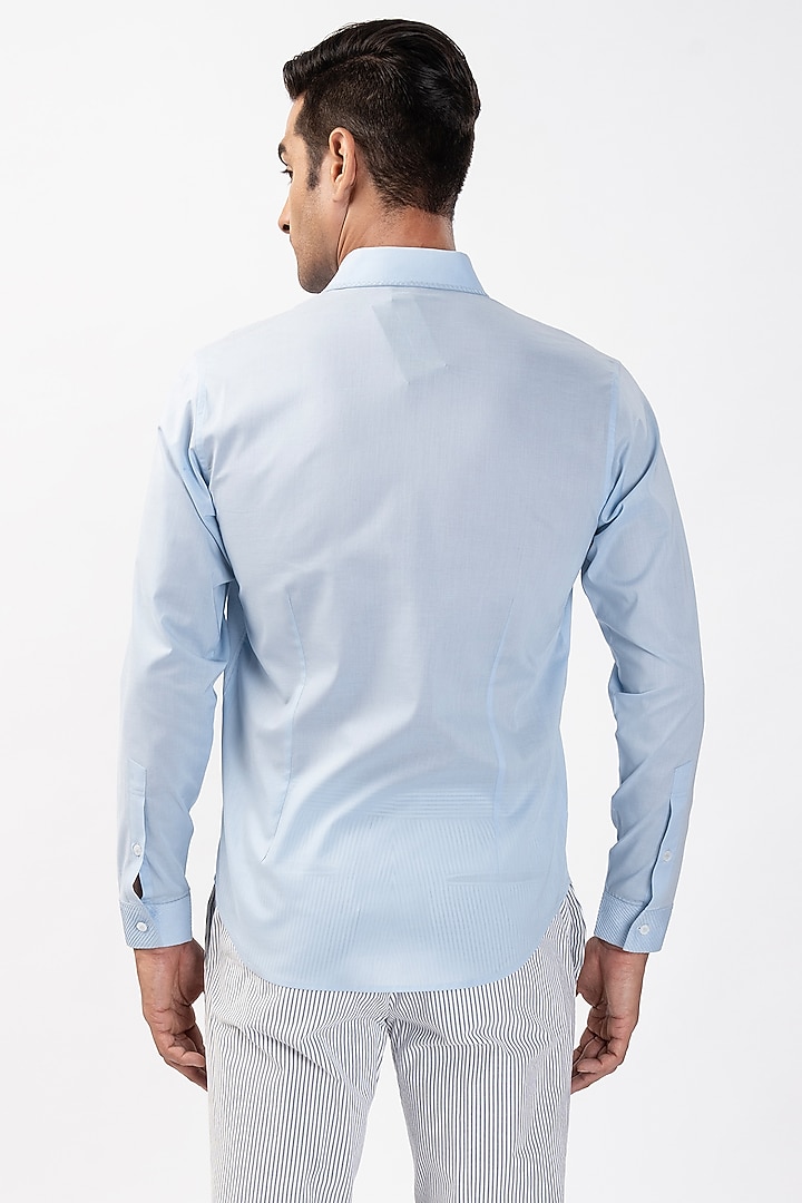 Ice Blue Cotton Herringbone Pintuck Wedding Shirt by Rohit Gandhi & Rahul Khanna Men at Pernia's Pop Up Shop