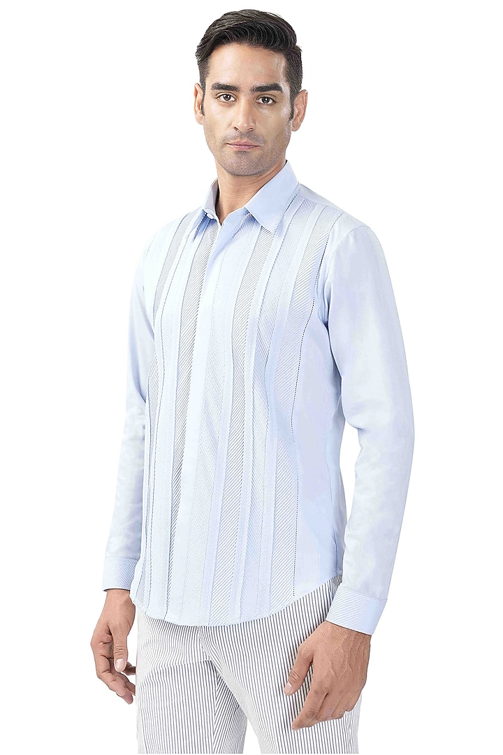 Ice Blue Cotton Herringbone Pintuck Wedding Shirt by Rohit Gandhi & Rahul Khanna Men at Pernia's Pop Up Shop