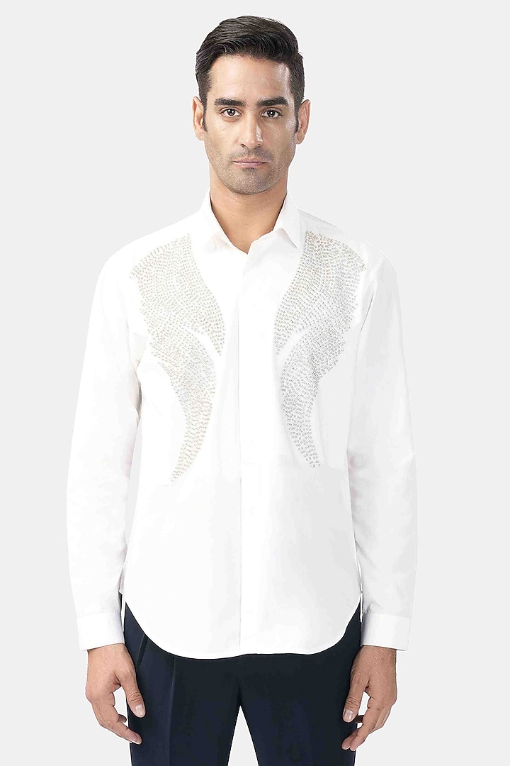 White Cotton Hand-Cut Applique Shirt by Rohit Gandhi & Rahul Khanna Men