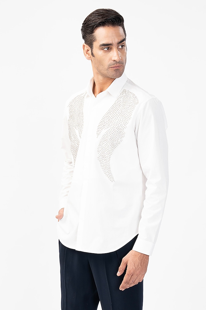 White Cotton Hand-Cut Applique Wedding Shirt by Rohit Gandhi & Rahul Khanna Men at Pernia's Pop Up Shop