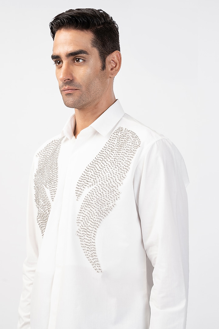 White Cotton Hand-Cut Applique Wedding Shirt by Rohit Gandhi & Rahul Khanna Men at Pernia's Pop Up Shop